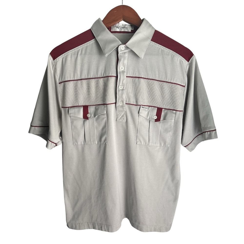 Vintage Oleg Cassini Knit Polo Shirt Men's Large Gray Burgundy Colorblock Retro